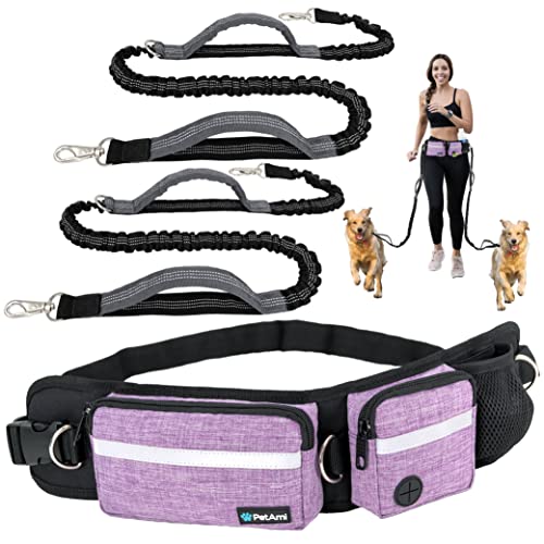 PetAmi Hands Free Dog Leash with Waist Running Belt Bag, Double (Purple) - color: Purple, size: 2 Leashes