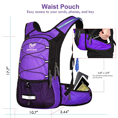 Mothybot Insulated Hydration Backpack Pack with 3L BPA Free Leak Proof Water Bladder, Large Storage Lightweight Hiking Daypack with Waist Pouches & Cooler Layer, for Running, Biking, Camping, Festival - color: Purple