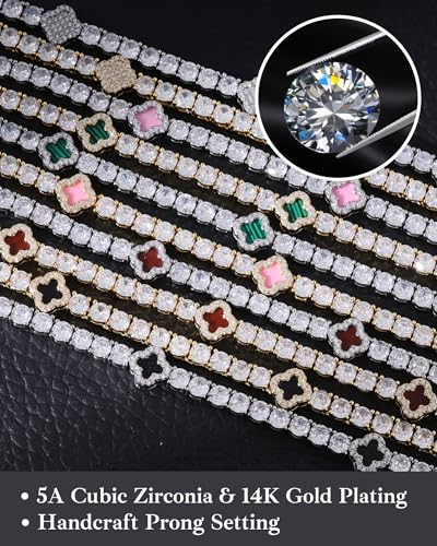 LuxeFlex 4mm Iced Out Four Leaf Tennis Chain,White Gold Plated with 5A Zircon Stones, exquisite Handmade Hip Hop Bling Necklace Perfect Unisex Jewelry Gift - color: White Gold-Green, size: 16 INCH
