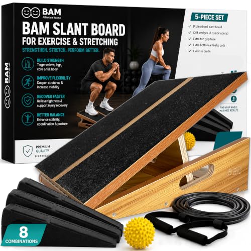 BAM Athletica Slant Boards for Exercise – Adjustable Wooden Calf Stretcher Incline Board for Calf Stretching, Squats, Physical Therapy, Plantar Fasciitis, Knee, Foot & Ankle Rehab, Velour Slant Board - color: Premium 5-in-1 Solution | Large Full Coverage