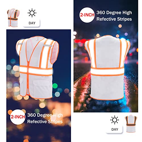 High Visibility Reflective Safety Vest with Zipper and Pockets White,L - color: White, size: Large