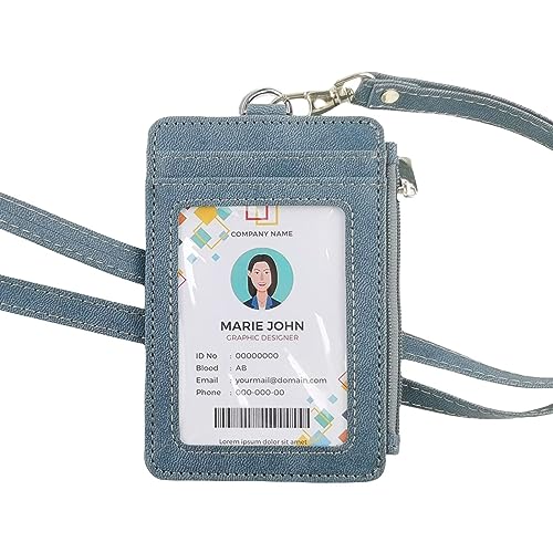 Blue Lanyard Wallet for ID Badges with Long Neck Lanyards and Wristlet Strap, Vertical PU Leather Badge Holder Case with Zipper Pocket for Offices ID, School ID, Driver Licence - color: Blue