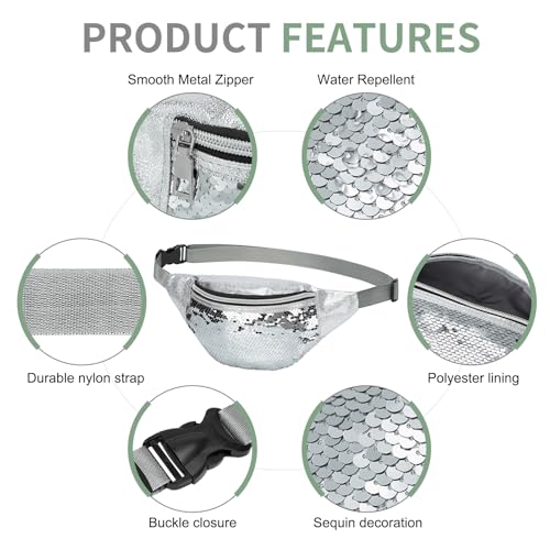 Holographic Sequined Fanny Packs for Women, Waist Belt Bag Fashion, Crossbody Bum Bag for Running, Silver - color: Silver
