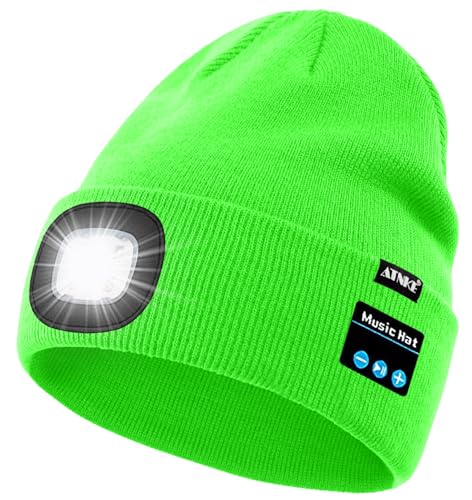 ATNKE LED Lighted Bluetooth Beanie Hat,USB Rechargeable 4 LED Wireless Music Running Headlamp Cap Gift for Men and Women - color: #Fluorescent Green