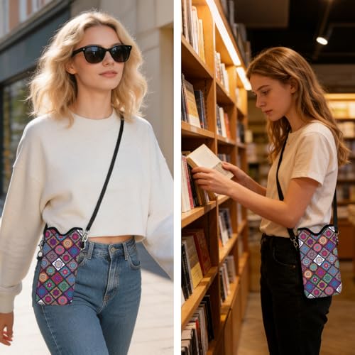 GLOBLELAND Pattern Cell Phone Sleeve Pouch Case Bag with Crossbody Strap Neck Lanyard for Women Men - color: Bohemian Tiles