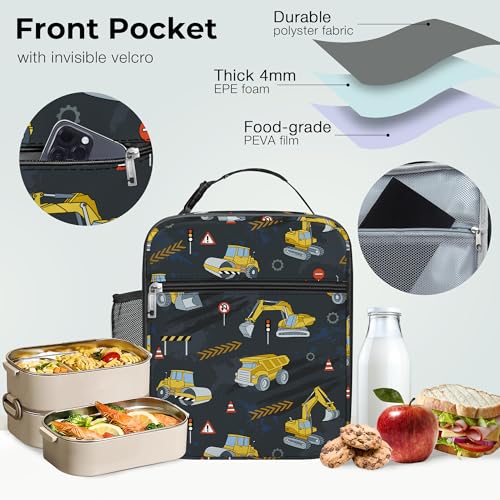Clastyle Car Insulated Kid Lunch Bag for Boy Lunch Box, Black Truck - color: Black Construction Car