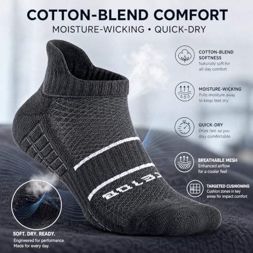 Running Socks Men Size 10-13 Ankle Height with Heel Tab for Athletic - color: 2 White, 2 Black, 2 Grey, size: Large
