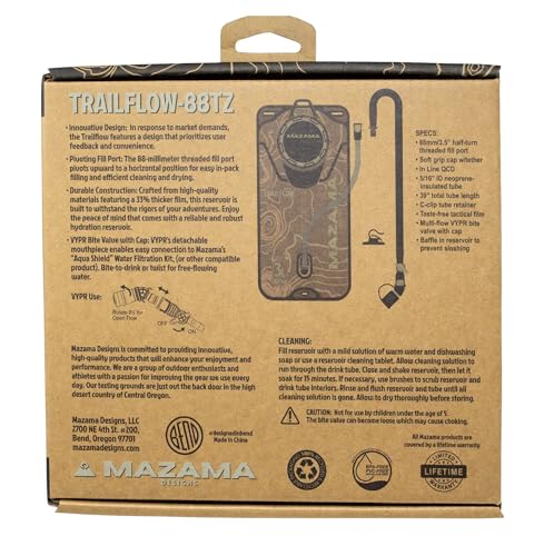 Trailflow-88TZ Hydration Bladder by Mazama Designs. Leakproof, Easy to Clean and Fill Water Reservoir BPA Free, Fits Most Hydration Backpacks. Great for Running Hiking Camping Cycling. (3L)