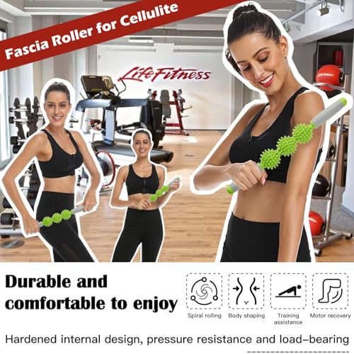 Fascia Muscle Roller, Cellulite Massager Fascia Roller for Cellulite and Sore Muscles, Neck, Leg, Back, Pressure Trigger Point Body Roller Deep Tissue Massage Stick Tools - 3 Massage Balls - color: Peak Green