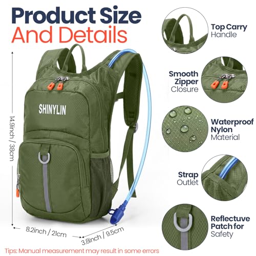 Shinylin Kids Hydration Backpack with 1.5L Water Bladder Hiking Backpack Lightweight for Boys or Girls Children Biking Climbing Running Cycling - color: Olive Green, style: Classic