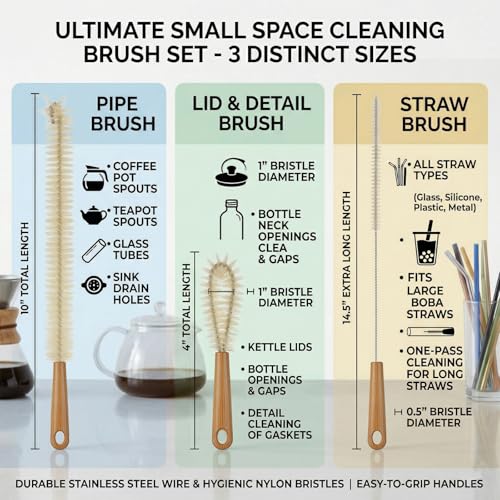 ALINK Extra Large Long Bottle Brush Set - 16" / 15" Long Bamboo Handle Bottle Cleaner for Narrow Neck Beer Wine Bottles, Decanter, Tumblers, Thermos, Jugs with Straw Brush, Kettle Spout/Lid Brush
