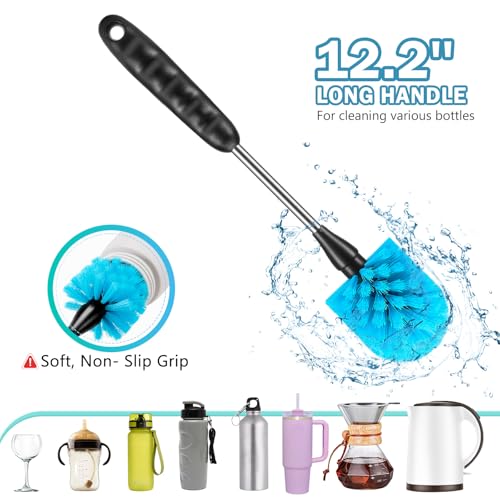12.2 inch Bottle Brush Set of Three，Washable Coffee Cups, Water Bottles, Baby Bottles, Straws, to-go Cups, Long-Handled 3-in-1 Stainless Steel Bottle Brushes. (Blue)