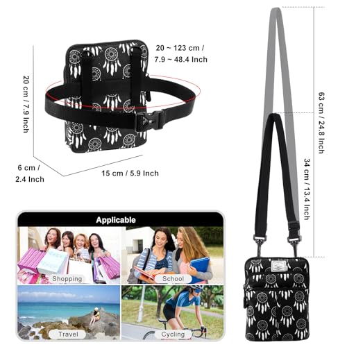 KAMO Multifunction Phone Waist Bag - Diagonal Cross Body Smart Phone Case Outdoor Bag with Triple Zip for Women & Men - color: Black-Circle flower