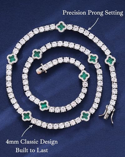LuxeFlex 4mm Iced Out Four Leaf Tennis Chain,White Gold Plated with 5A Zircon Stones, exquisite Handmade Hip Hop Bling Necklace Perfect Unisex Jewelry Gift - color: White Gold-Green, size: 18 INCH