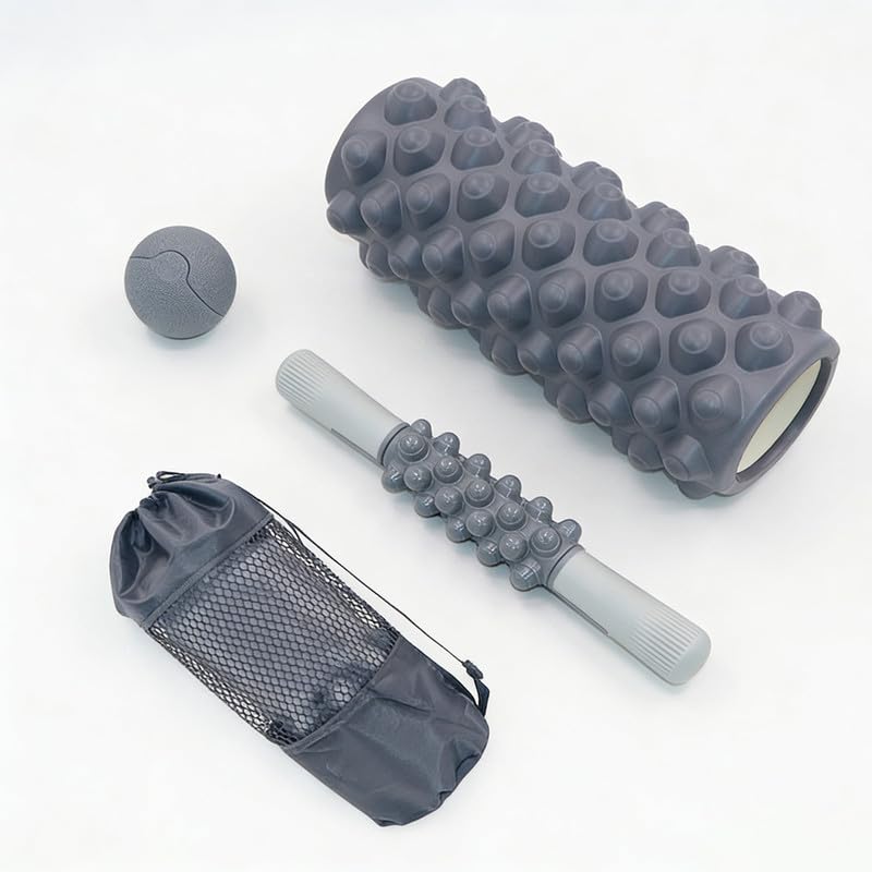 4 in 1 Foam Roller Set, Trigger Point Foam Roller with Massage Stick & Massage Ball, Deep Tissue Muscle Massage Tool for Pilates Yoga Fitness Full Body Relaxation - color: Gray