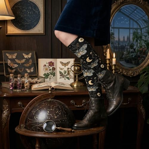 Cute Compression Socks Knee High Support Stockings Women Men - color: Moth Flower Moon