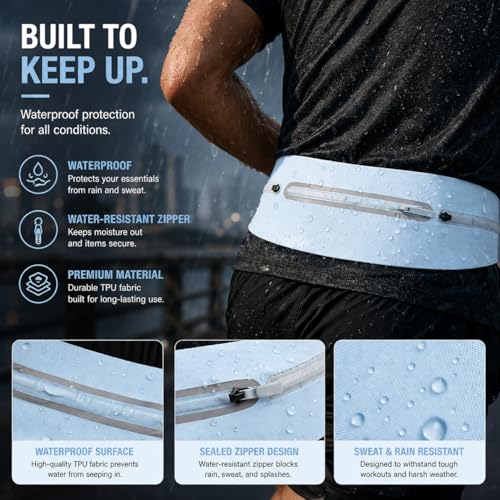 Slim No-Bounce Running Belt - Waterproof Exercise Waist Pack for Marathons, Hiking & Dog Walking - Hidden Travel Money Belt for Phones - color: Blue