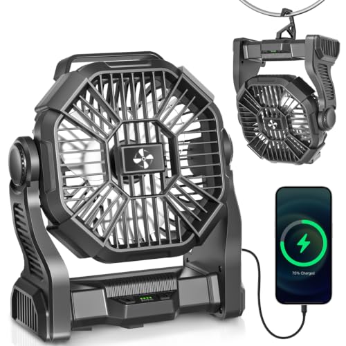 AEscod Portable Camping Fan, Rechargeable Battery Operated with LED Lights, Hanging Hook, 270°Rotation, 20000mAh Battery Powered Fan for Beach, Office, Picnic, Fishing, Travel, Tent - color: black