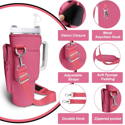 Water Bottle Carrier Bag for Stanley Cup 40/30oz, Neoprene Water Bottle Holder Pouch with 3 Pocket Adjustable Shoulder & Hand Strap - color: Purple