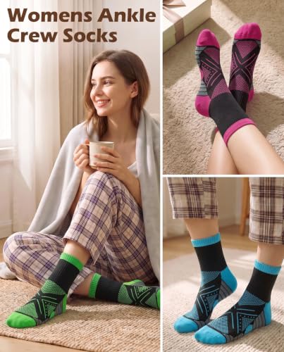 Womens Compression Ankle Crew Socks, Breathable Cushioned Socks - color: Orange Purple Green Yellow Blue Black, size: 6-9