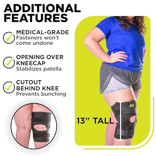 BraceAbility Obesity Hinged Knee Pain Brace - Overweight Men and Women's Wraparound Plus-Size Support for Osteoarthritis, Joint Pain, Ligament Weakness, Medial and Lateral Kneecap Instability (XL) - size: X-Large