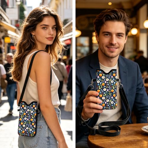 GLOBLELAND Floral Cell Phone Sleeve Pouch Case Bag 7.1×3.9 inch Flowers Shockproof Universal Phone Bag with Crossbody Strap Neck Lanyard for Women Men Phone Headphones Watch - color: Floral