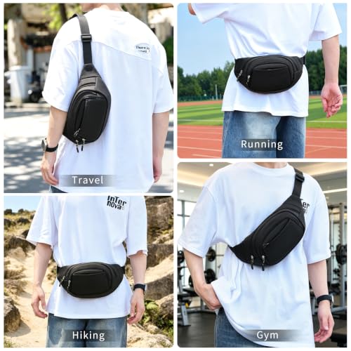Large Fanny Pack for Men Women NSYOOMH, Crossbody Waist Bag 5-Zipper Pocket - color: Black