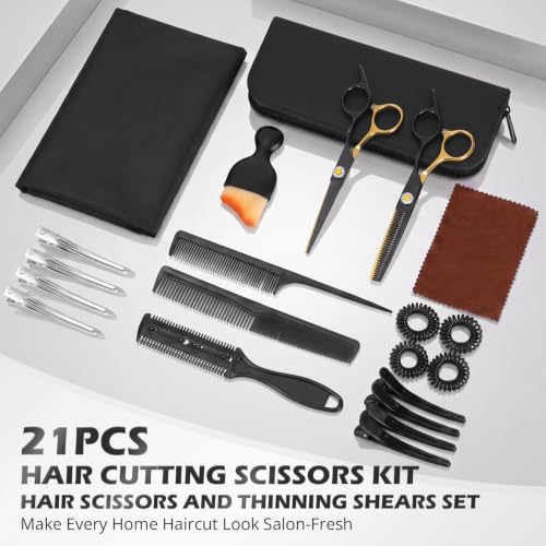 21Pcs 440C Hair Cutting Scissors Kit, Hair Scissors & Thinning Scissors Set - color: Black & Gold