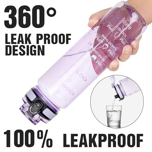 OLDLEY Water Bottle, 32oz Motivational Sports Water Bottle with Time Marker - color: Clear Purple