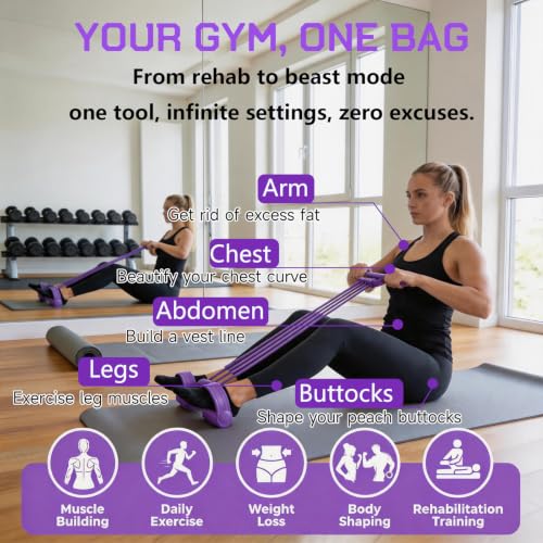 Pedal Resistance Band with Handle,10 Adjustable Levels, 8-80 LBS - color: 10-Tube Purple