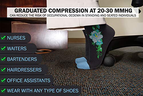 Physix Gear Compression Socks 20-30 mmHg - Men & Women - Running, Nurses, Shin Splints, Flight, Travel - color: Black/Blue Flower, size: Small-Medium