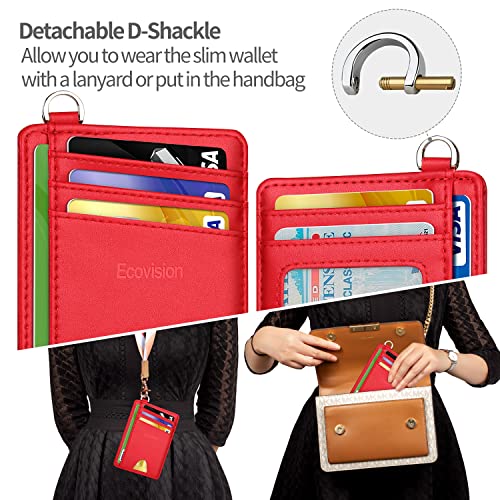 Slim Minimalist Front Pocket Wallet, RFID Blocking Credit Card Holder Wallet with Integrated D-Shackle for Men Women - color: Cowhide Red