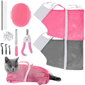 JULMELON 10PCS Cat Bathing Bag Adjustable Shower Washing Net Grooming Set - color: Pink+Grey