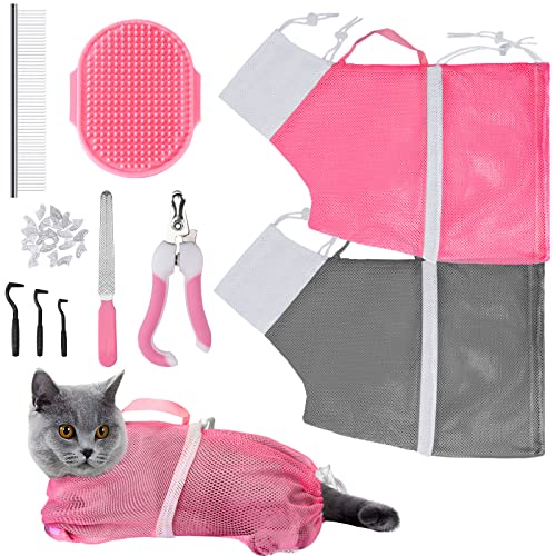 JULMELON 10PCS Cat Bathing Bag Adjustable Shower Washing Net Grooming Set - color: Pink+Grey