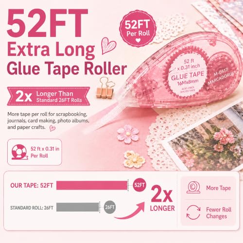 MARCADORUS Glue Tape Roller, Double Sided Tape Scrapbook 4 Pack Extra Long - size: 52.5 Ft x 0.31 In : 4 Pack