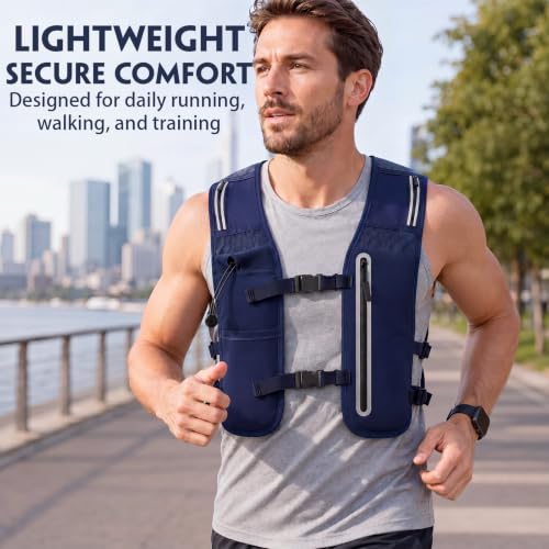 2 Pcs Running Vest for Women Men, Reflective Running Vest with Adjustable Waistband & Phone Pocket, Outdoor Pack Lightweight Breathable Backpack for Marathon Hiking - color: Black, Navy Blue
