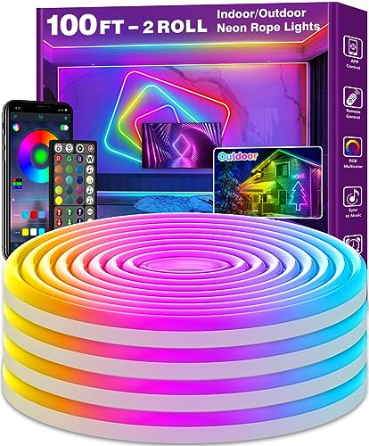 AILBTON 100FT Neon Rope Lights Flexible Led Rope Lights Control with App/Remote,Outdoor RGB Led Neon Lights NonWater Resistant,Music Sync Gaming Led NeonLight Strip，Multiple Modes RopeLights - size: 100FT