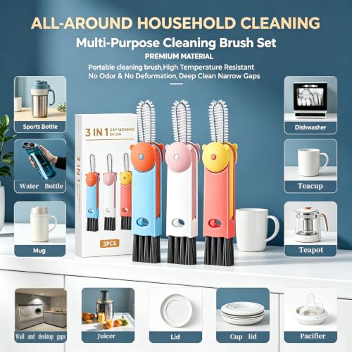 3 in 1 Cup Lid Cleaning Brush - Upgraded Cup Lid Brush Cleaning Set （3Pcs） - color: White, Red, Blue(little Bear)