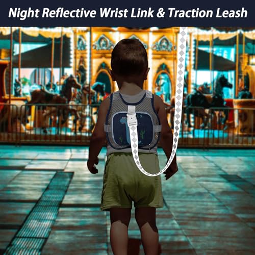 Accmor Toddler Harness Leash, Cute Dinosaur Kids Leashes + Reflective Anti Lost Wrist Link, Collapsible Baby Walking Harness Belt, Breathable Child Hand Strap Tether for Boys Traveling in Hot Weather - color: Navy Blue/Breathable Brachiosaurus