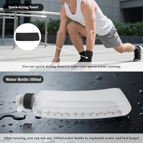 Running Belt for Women & Men-Waterproof Running Bag Belts Fanny Pack with Water Bottle & Cooling towels-Adjustable Reflective Belt Waist Pack with 3 pocket for Jogging, Hiking (Grey, Medium)