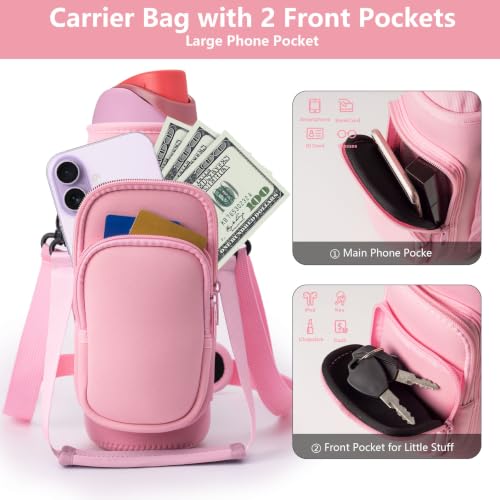 linmaya Water Bottle Carrier Bag,Water Bottle Holder with Straps Phone Pockets Fits Stanley IceFlow Owala 16/24/32/40oz Tumbler - color: Rose Pink, size: 16-40 Oz wihtout Handle