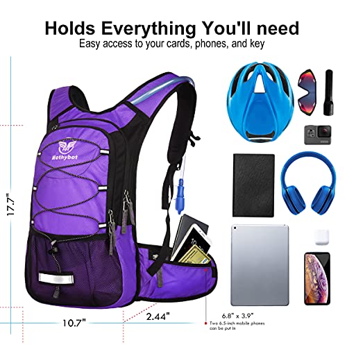 Mothybot Insulated Hydration Backpack Pack with 3L BPA Free Leak Proof Water Bladder, Large Storage Lightweight Hiking Daypack with Waist Pouches & Cooler Layer, for Running, Biking, Camping, Festival - color: Purple