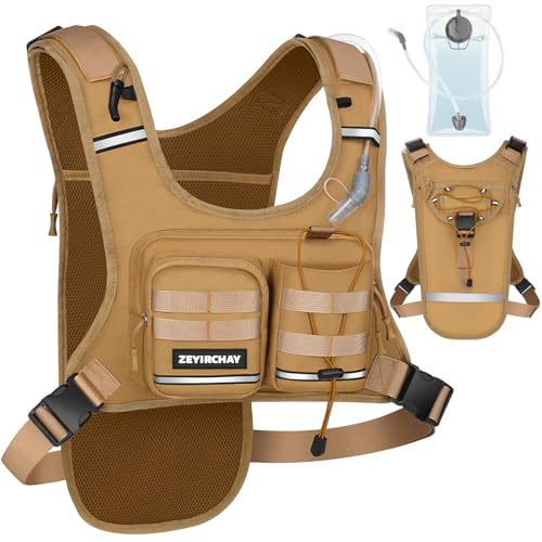 Hydration Pack Vest – Lightweight Chest Pack 2.0L Hands-Free Water Bladder Backpack, Reflective Strips, Adjustable Fit for Men and Women, Ideal for Marathon, Trail Running, Hiking, Cycling - color: Khaki