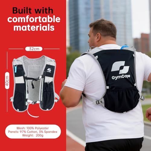 GymCope Running Vest for Women and Men, Lightweight Hydration Backpack with 500ml Soft Flask and 1.5 L Hydration Bladder, Running Hydration Vest for Marathon, Hiking, Trail and Road Running - color: Black Grey with 500ml and 1.5L
