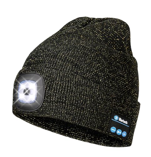 Wmcaps Bluetooth Beanie with LED Light and Headphones, Christmas Tech Gifts - color: Black Mixed Goldwire