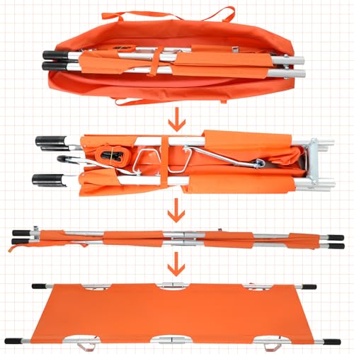 TrelaCo Folding Stretcher 81 x 21.3 x 5.4 Inch Aluminum Alloy Collapsible Gurney Emergency Portable Stretcher with Heavy Duty Handles Rubber Feet for Ambulance Patient Transport, Orange