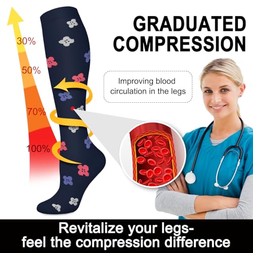Aoliks 6 Pairs Compression Socks for Women & Nurses, Flying Knee High Socks - color: 020 A04-navy/Pink/White, size: Large-X-Large
