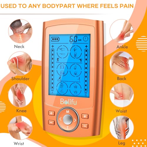 Belifu TENS Unit PMS Massager 24 Modes Muscle Stimulator, Electronic Tens Machine for Neck, Back, Arms & Chronic Pain Relief - color: Orange