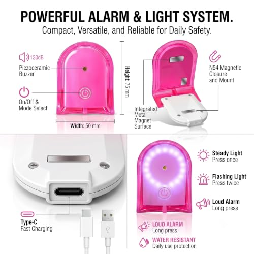 Clip-On Personal Safety Alarm 130dB for Women with LED Strobe - color: Hot Pink