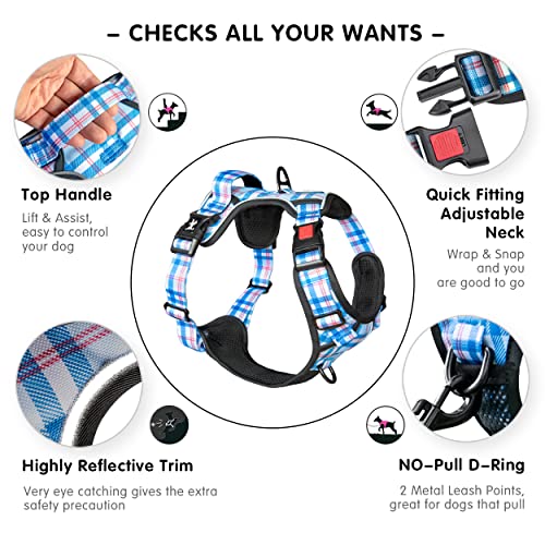PoyPet Plaid Dog Harness Small, No Pull Vest with Front Clip & Neck Buckle - color: Checkered Blue & Red, size: S